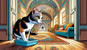 Cartoon depiction of a cat sensing how far away its litter box is in an Ottoman art styled room.