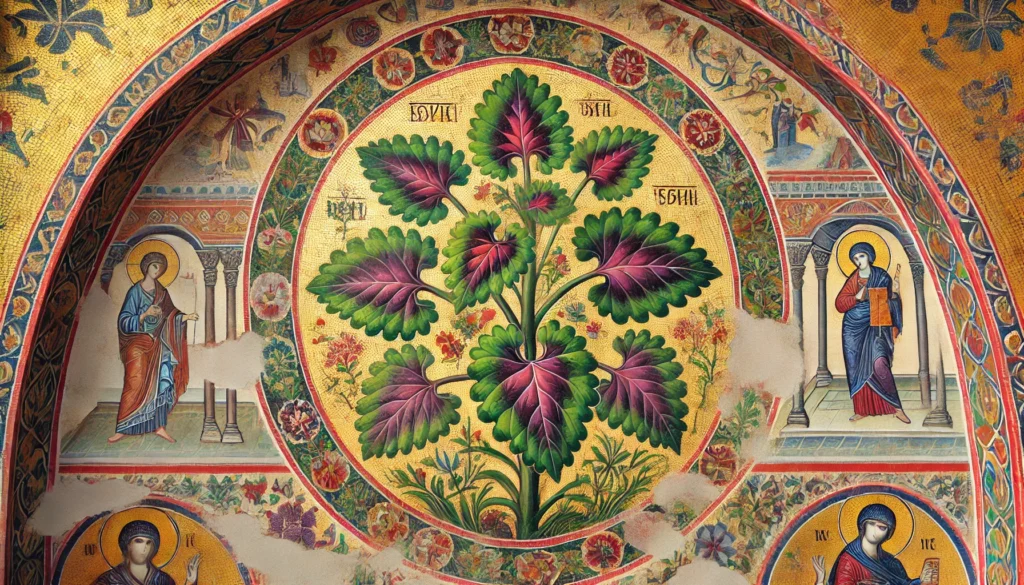 Byzantine-style illustration of a Coleus plant with vibrant green, red, and purple leaves.