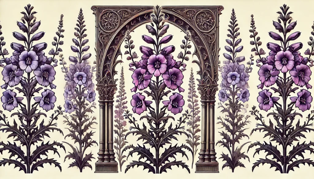 An intricate botanical illustration of the Larkspur Plant, framed by Gothic arches. The plant features tall, spiky clusters of purple and lavender flowers and detailed leaves, rendered in a vintage style with ornate patterns and decorative elements.