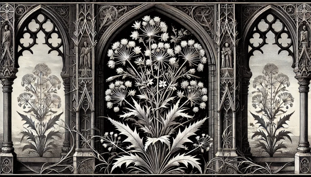 Gothic-style illustration of a Maiden's Breath plant with intricate, delicate features.