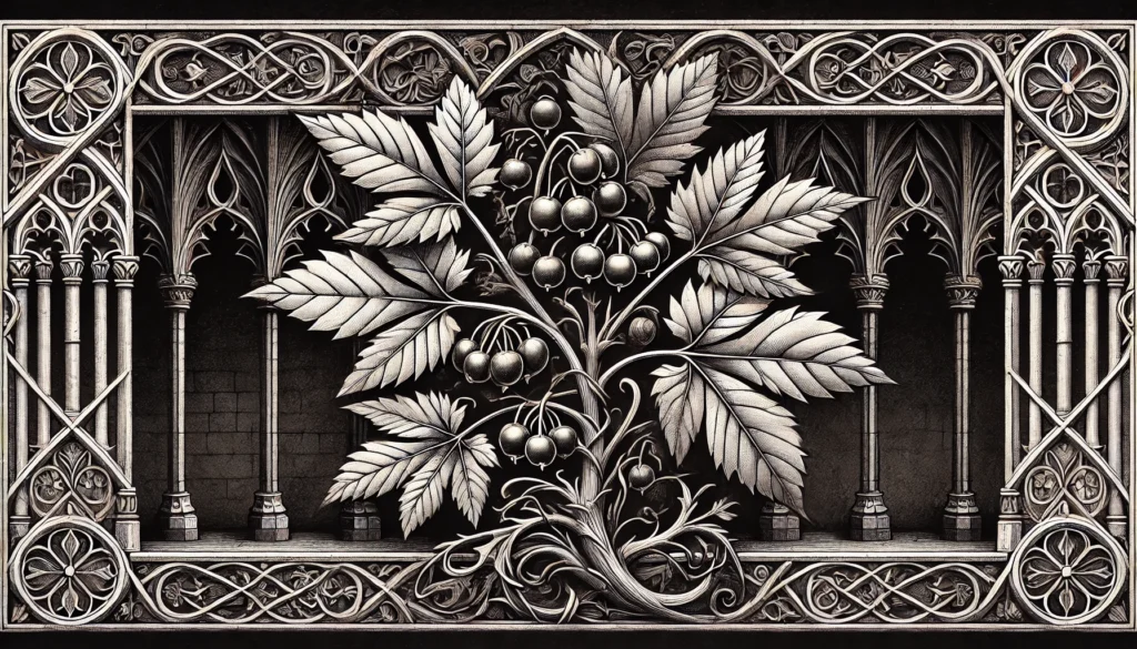 Gothic-style illustration of a Maleberry plant with intricate, ornate features.