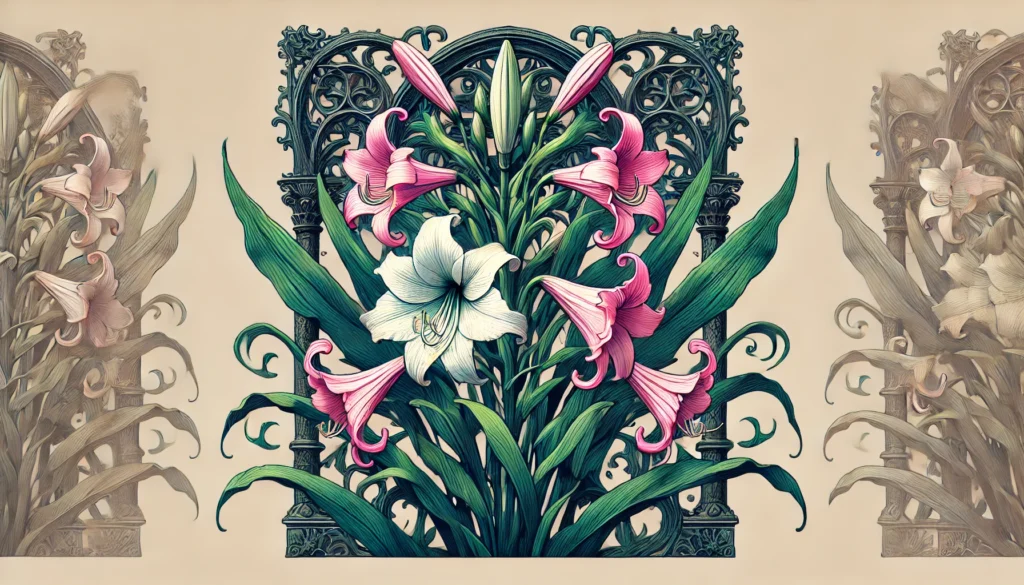 Pig Lily plant with large green leaves and pink-white trumpet-shaped flowers in front of intricate gothic architecture.