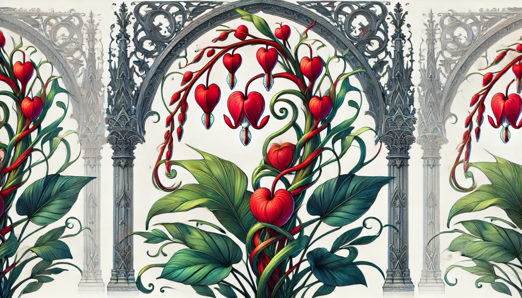 Pigtail plant with bright red heart-shaped flowers and twisted tail-like structures, with dark green glossy leaves, in front of intricate gothic architecture.