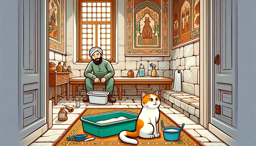 Why do cats watch you clean their litter box in Ottoman Art style