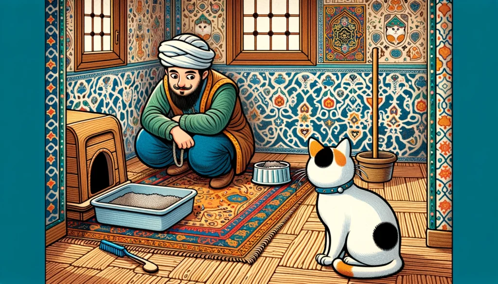 Why do cats watch you clean their litter box in Ottoman Art style