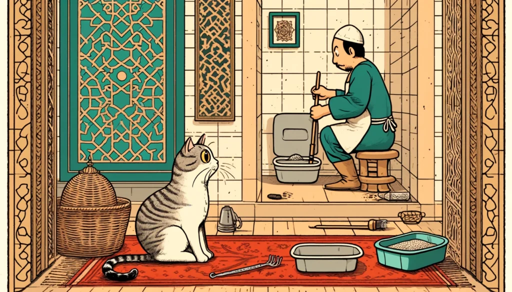 Cats watch you clean their litter box in Ottoman Art style