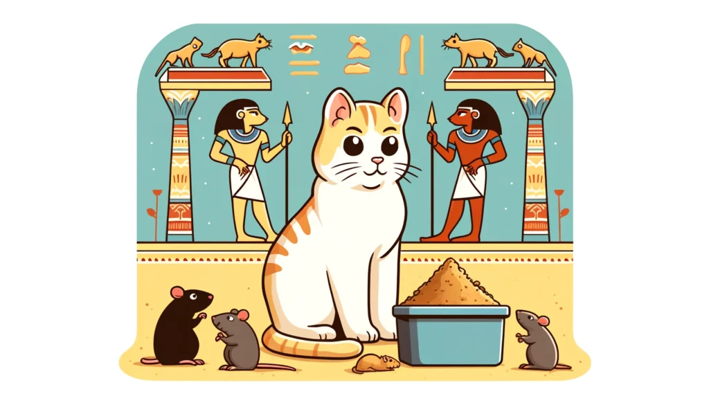 Does cat litter keep rats away in Egyptian Ptolemaic Period art style with a cat and hesitant rats.