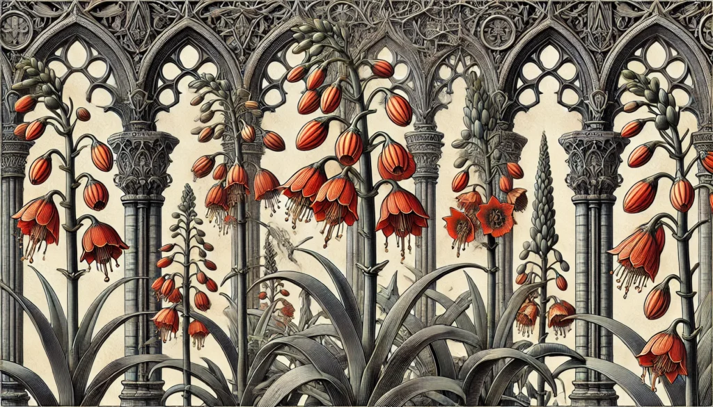 Illustration of Mother of Millions plants in a gothic architectural style with orange-red bell-shaped flowers.