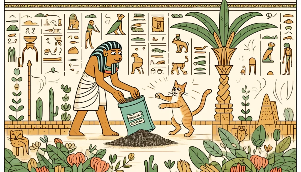 Cartoon-style illustration of a cat with biodegradable cat litter bags in Egyptian Ptolemaic Period art style.