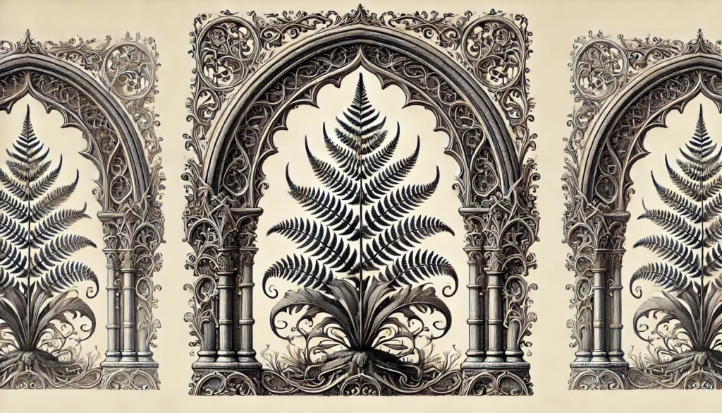 An intricate botanical illustration of the Lace Fern Plant, framed by Gothic arches. The plant features detailed, feathery fronds, rendered in a vintage style with ornate patterns and decorative elements.