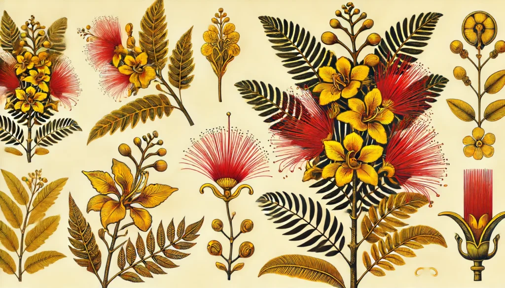 Ancient Egyptian styled illustration of a Brazilwood plant with vibrant flowers.