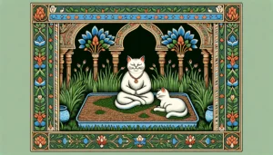 Cats sitting on regular grass seed used as cat litter in a serene, classical Hindu-Buddhist art-inspired scene.