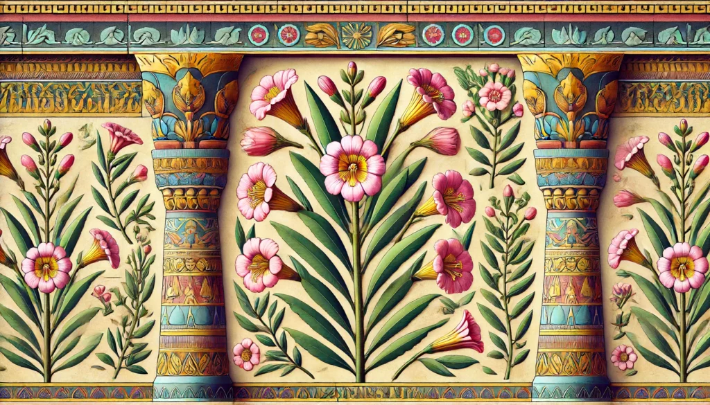 Ancient Egyptian Ptolemaic style illustration of Bog Laurel with pink flowers and green leaves.