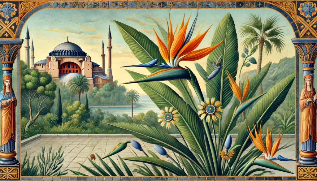 Bird of Paradise plant in Byzantine art style