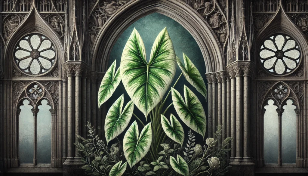 Gothic-style artistic depiction of a Variegated Philodendron (Scindapsus) with intricate detailing.