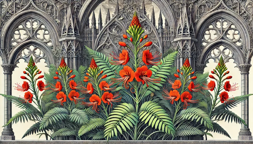 Peacock Flower Plant in Gothic Architecture Style