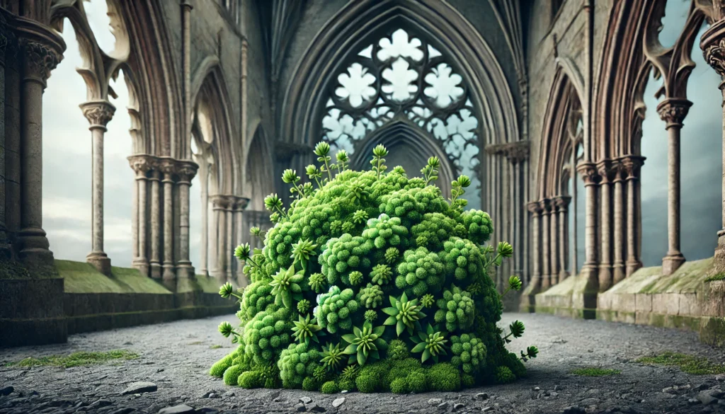 Rock Moss plant with small, green, cushion-like foliage, set against a backdrop of intricate Gothic arches and cathedral architecture.