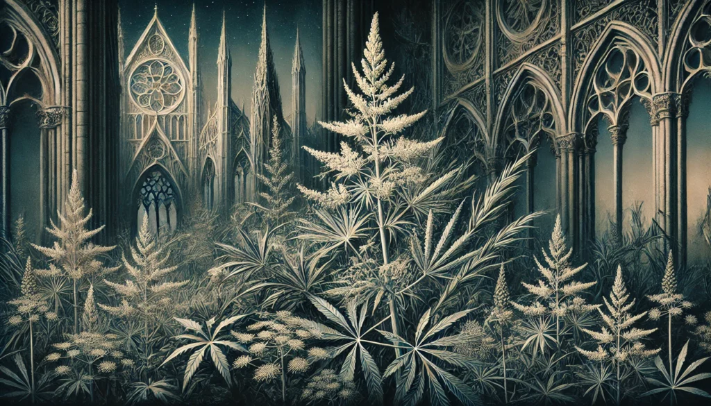 Gothic-style artistic depiction of a Shatavari plant (Asparagus racemosus) with intricate detailing.