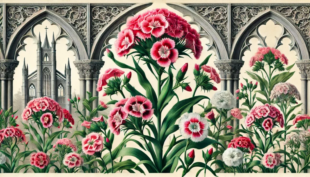 Detailed illustration of a Sweet William (Dianthus caryophyllus) plant with clusters of pink, red, and white flowers.