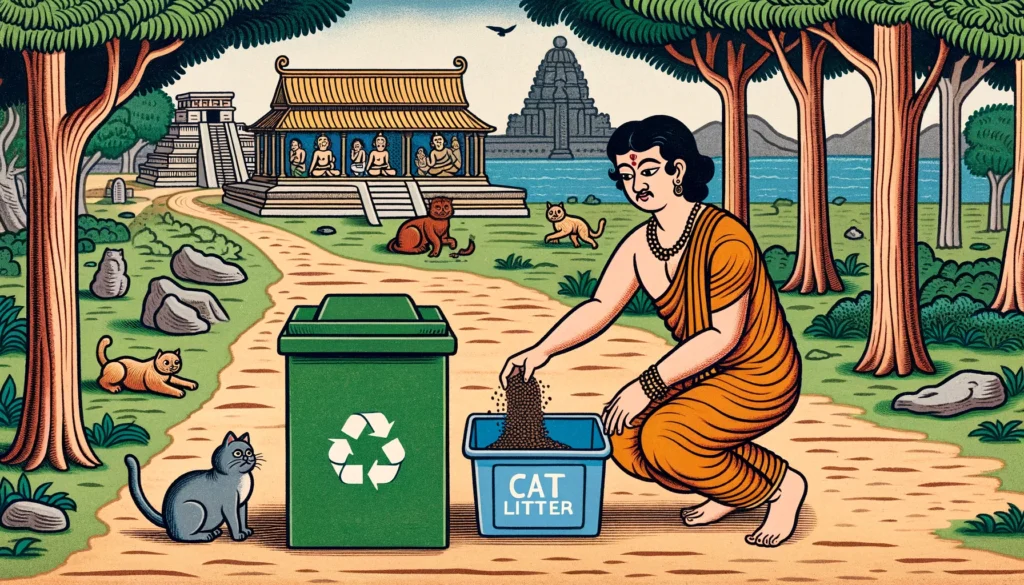 A classical Hindu-Buddhist art style depiction of a person responsibly disposing of cat litter in a designated bin.