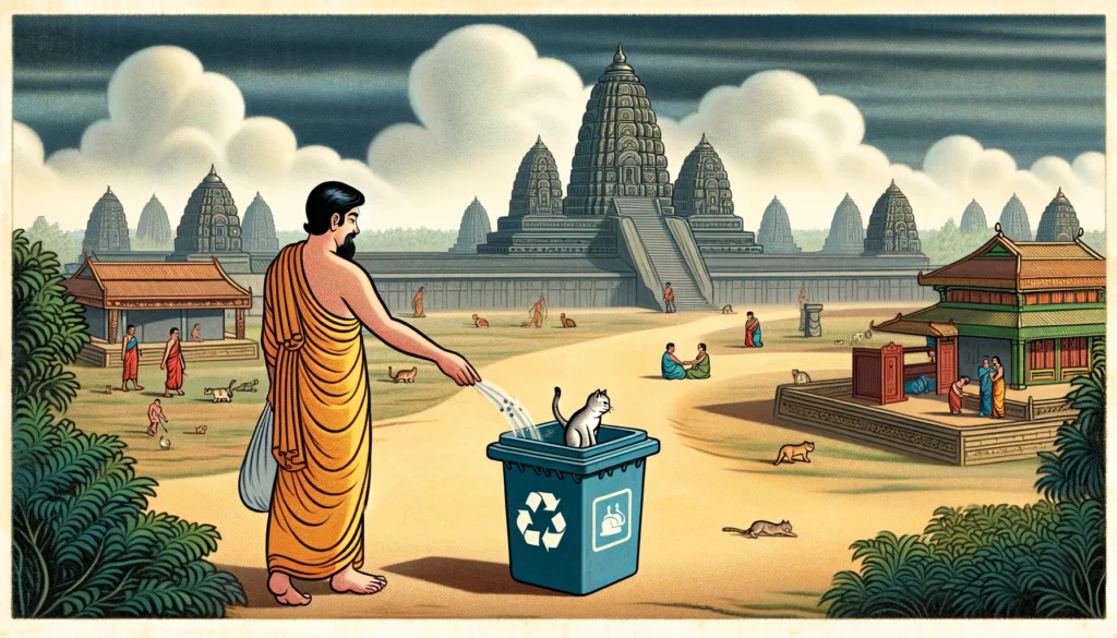 A classical Hindu-Buddhist art style depiction of a person responsibly disposing of cat litter.