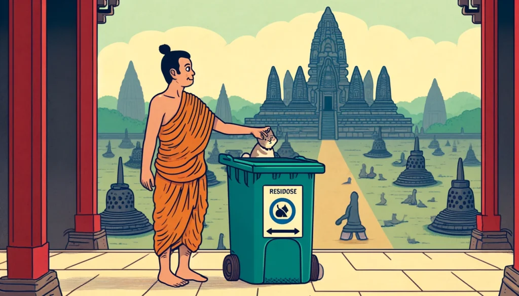 A classical Hindu-Buddhist art style representation of a person responsibly disposing of cat litter.