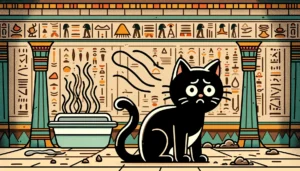 Cat distressed near a dirty litter box in Egyptian Ptolemaic Period art style.