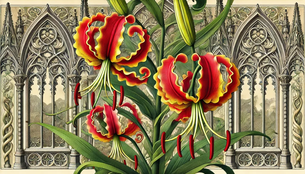 Detailed illustration of a Superb Lily (Gloriosa superba) plant with vibrant red and yellow petals.