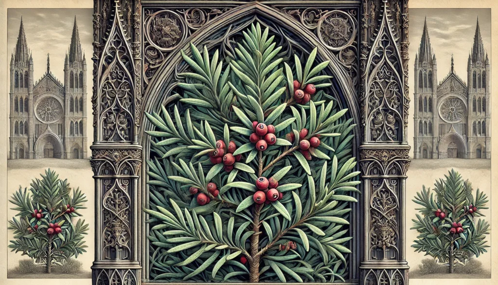 Illustration of Yew (Taxus spp.) with dark green needle-like leaves and small red berries in a gothic architectural setting.