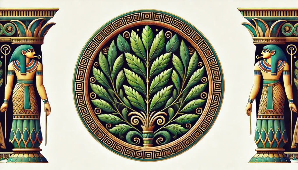 Ancient Egyptian Ptolemaic style illustration of a Black Laurel plant.