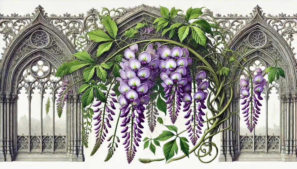 Illustration of Wisteria (Wisteria spp.) with cascading clusters of purple flowers in a gothic architectural setting.