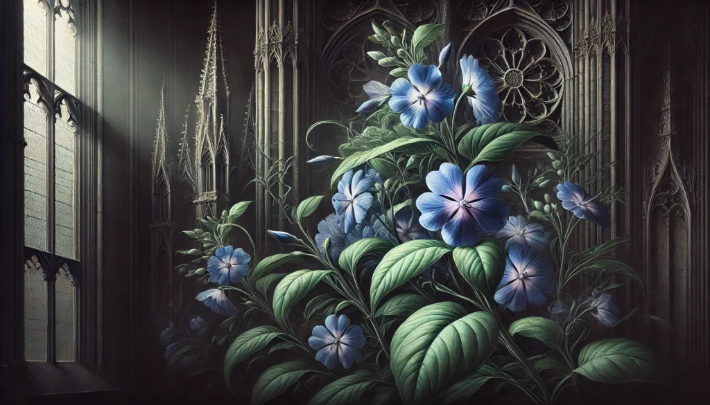 Gothic-style artistic depiction of a Vinca plant (Vinca minor) with intricate detailing.