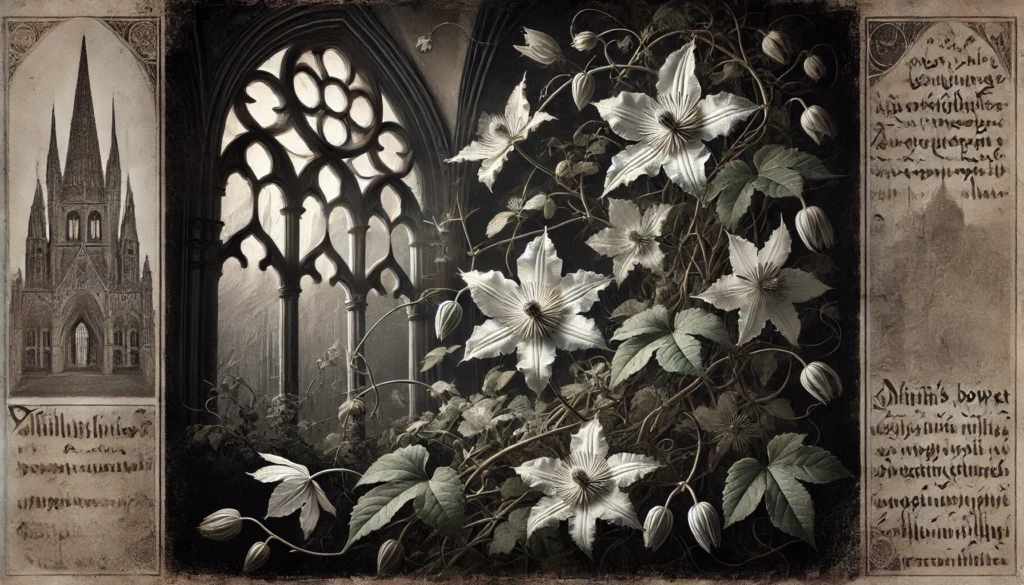 Gothic-style artistic depiction of a Virgin's Bower plant (Clematis virginiana) with intricate detailing.