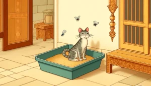 Cat litter box with flies hovering around it in a Classical Hindu-Buddhist art style.