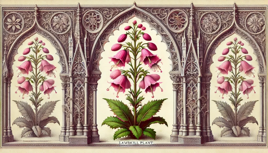 An intricate botanical illustration of the Lambkill Plant, framed by Gothic arches. The plant features detailed, pink bell-shaped flowers and lush leaves, rendered in a vintage style with ornate patterns and decorative elements.