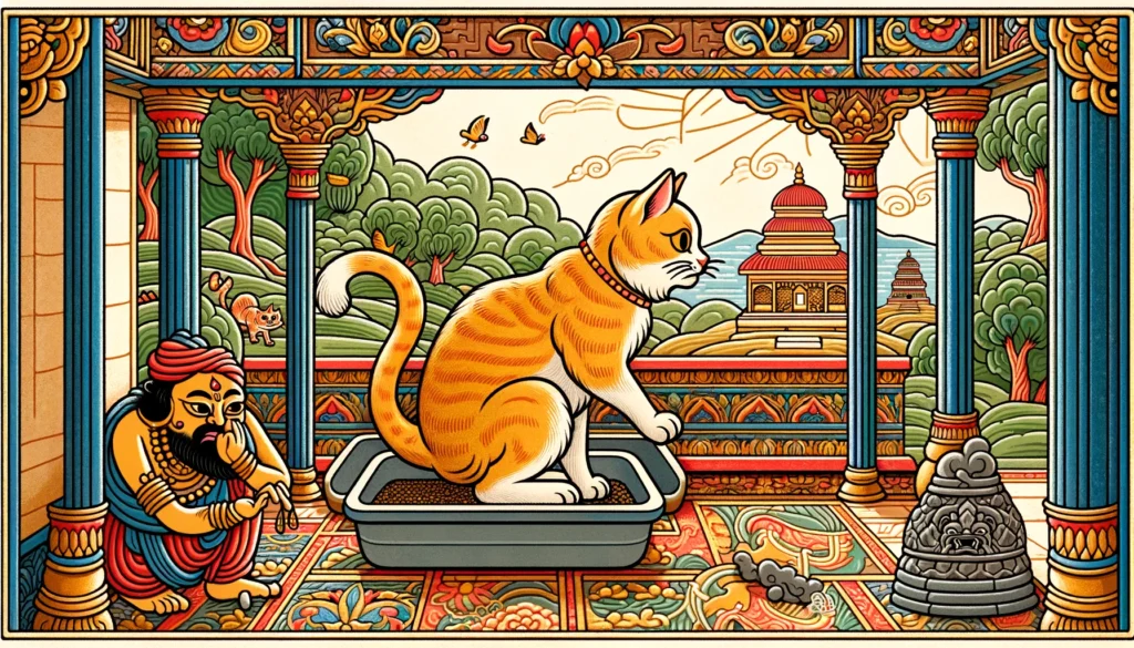 Classical Hindu-Buddhist art style illustration showing a cat interacting with its litter box, appearing concerned about health issues, representing the topic can litter cause a UTI in cats.