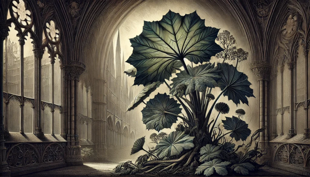 Gothic-style artistic depiction of an Umbrella Tree (Brassaia actinophylla) with intricate detailing.