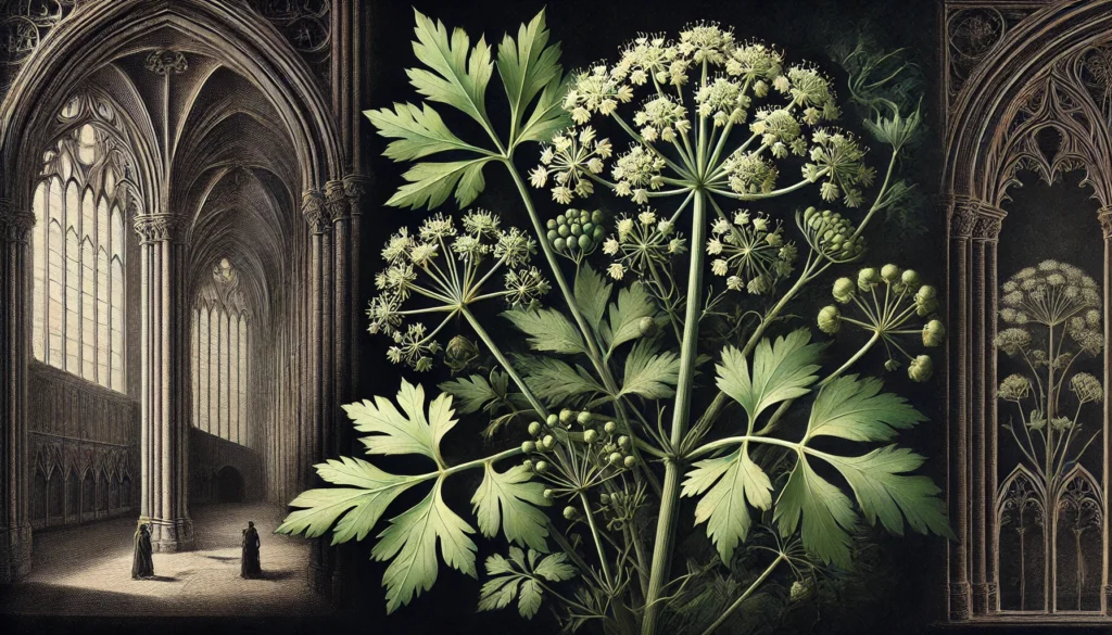 Gothic-style artistic depiction of a Spring Parsley plant (Cymopterus) with intricate detailing.