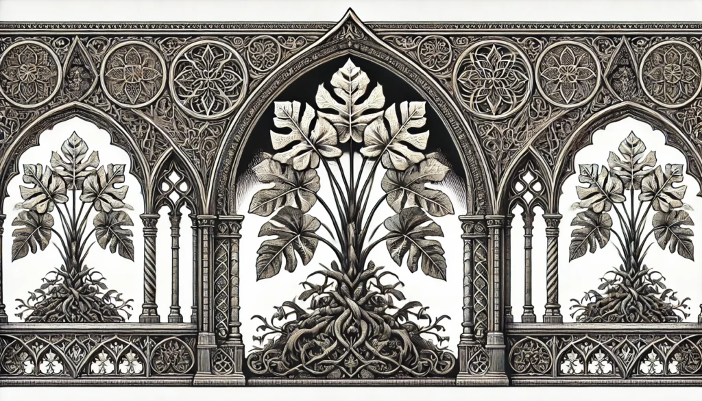 An intricate botanical illustration of the Lacy Tree Philodendron Plant, framed by Gothic arches. The plant features detailed, lacy leaves, rendered in a vintage style with ornate patterns and decorative elements.