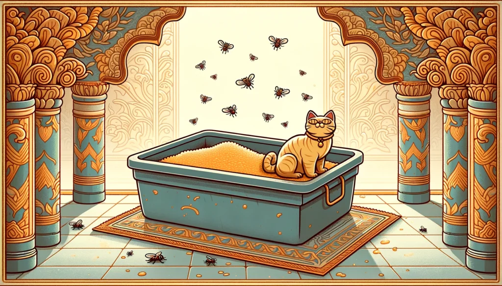 Flies hovering around a cat litter box in a Classical Hindu-Buddhist art style.