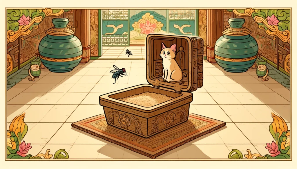 Flies hovering around a cat litter box in a Classical Hindu-Buddhist art style.