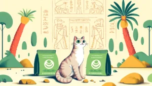 Cartoon-style illustration of a cat with biodegradable cat litter bags in Egyptian Ptolemaic Period art style.