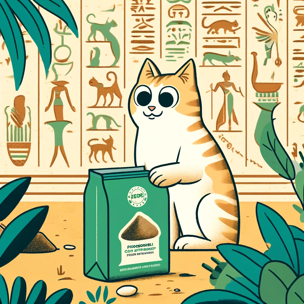 Cartoon-style illustration of a cat with biodegradable cat litter bags in Egyptian Ptolemaic Period art style.