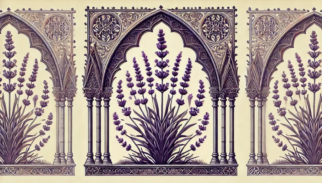 An intricate botanical illustration of the Lavender Plant, framed by Gothic arches. The plant features slender, aromatic stalks and purple flowers, rendered in a vintage style with ornate patterns and decorative elements.