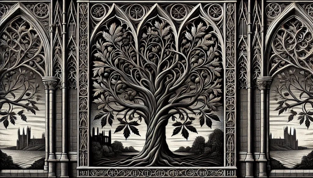 Gothic-style illustration of a black locust tree with intricate, ornate features.