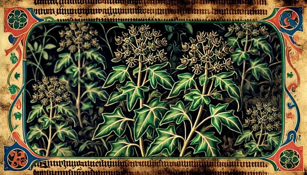 Gothic-style illustration of a marjoram plant with intricate details and medieval artistic patterns.