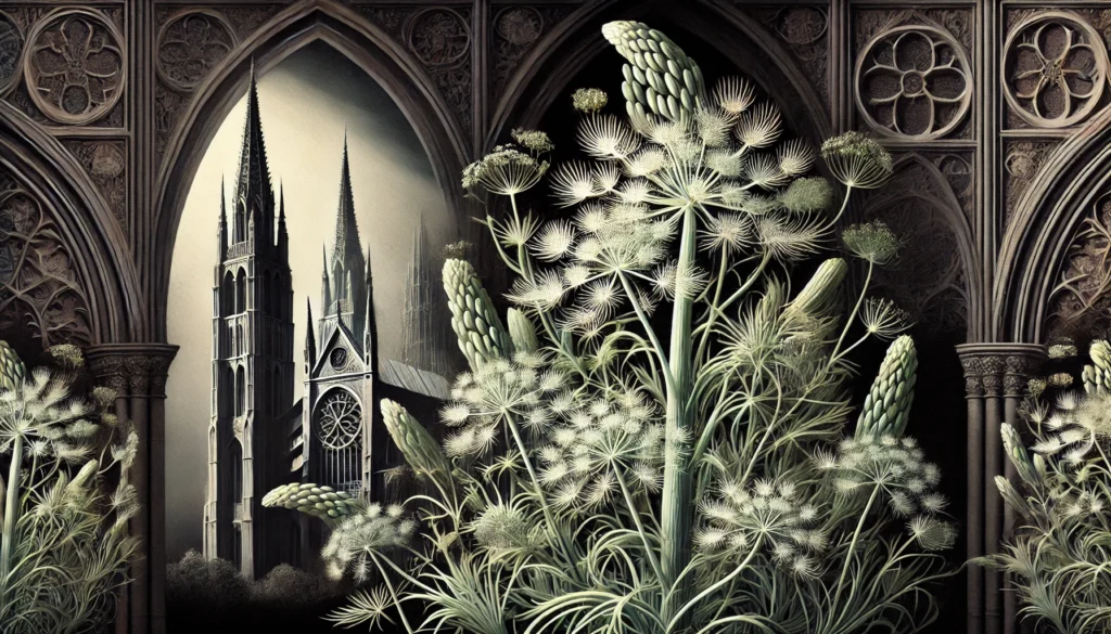 Gothic-style artistic depiction of a Racemose Asparagus (Asparagus racemosus) with intricate detailing.