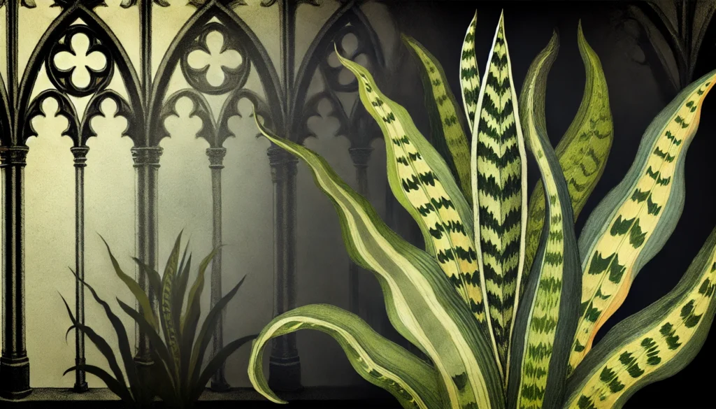 Gothic-style artistic depiction of a Snake Plant (Sansevieria trifasciata) with intricate detailing.