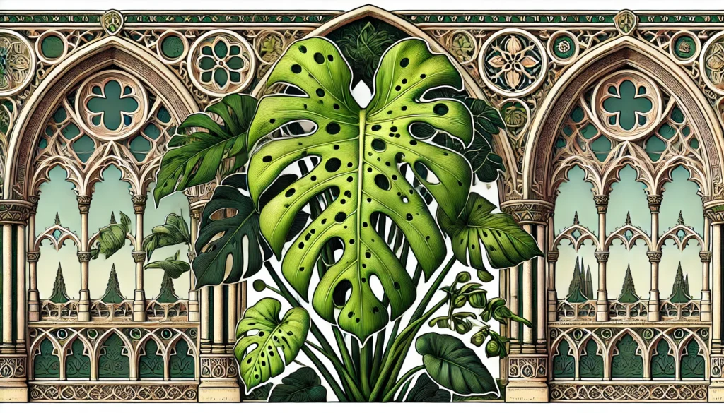 Detailed illustration of a Swiss Cheese Plant (Monstera deliciosa) with large green leaves and natural holes.