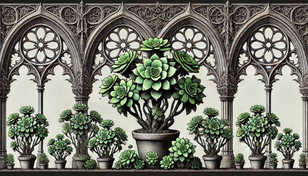 Illustration of Panda plants in a gothic architectural style with green leaves and dark brown edges.